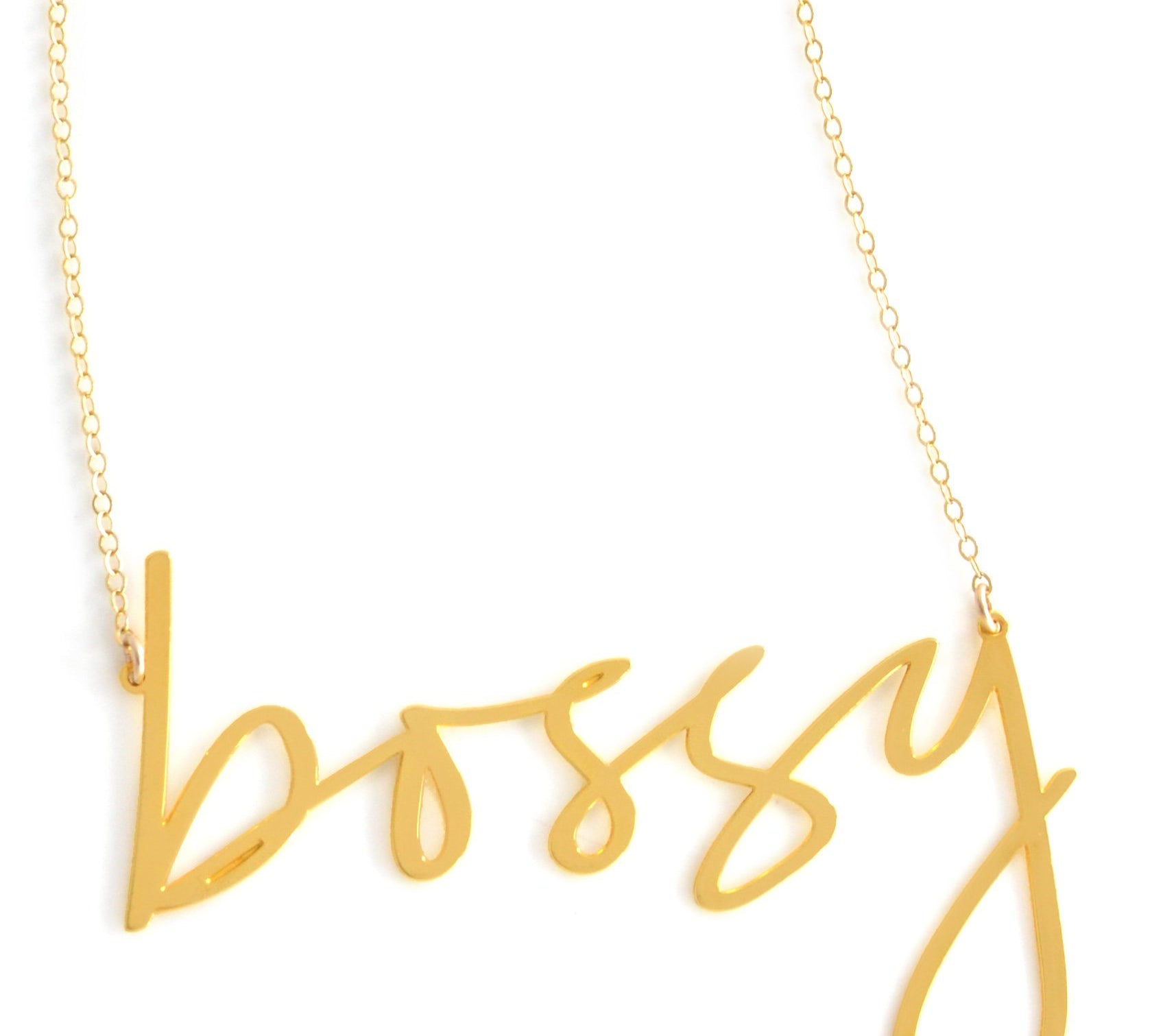 Bossy Necklace - High Quality, Affordable, Hand Written, Empowering, Self Love, Mantra Word Necklace - Available in Gold and Silver - Small and Large Sizes - Made in USA - Brevity Jewelry