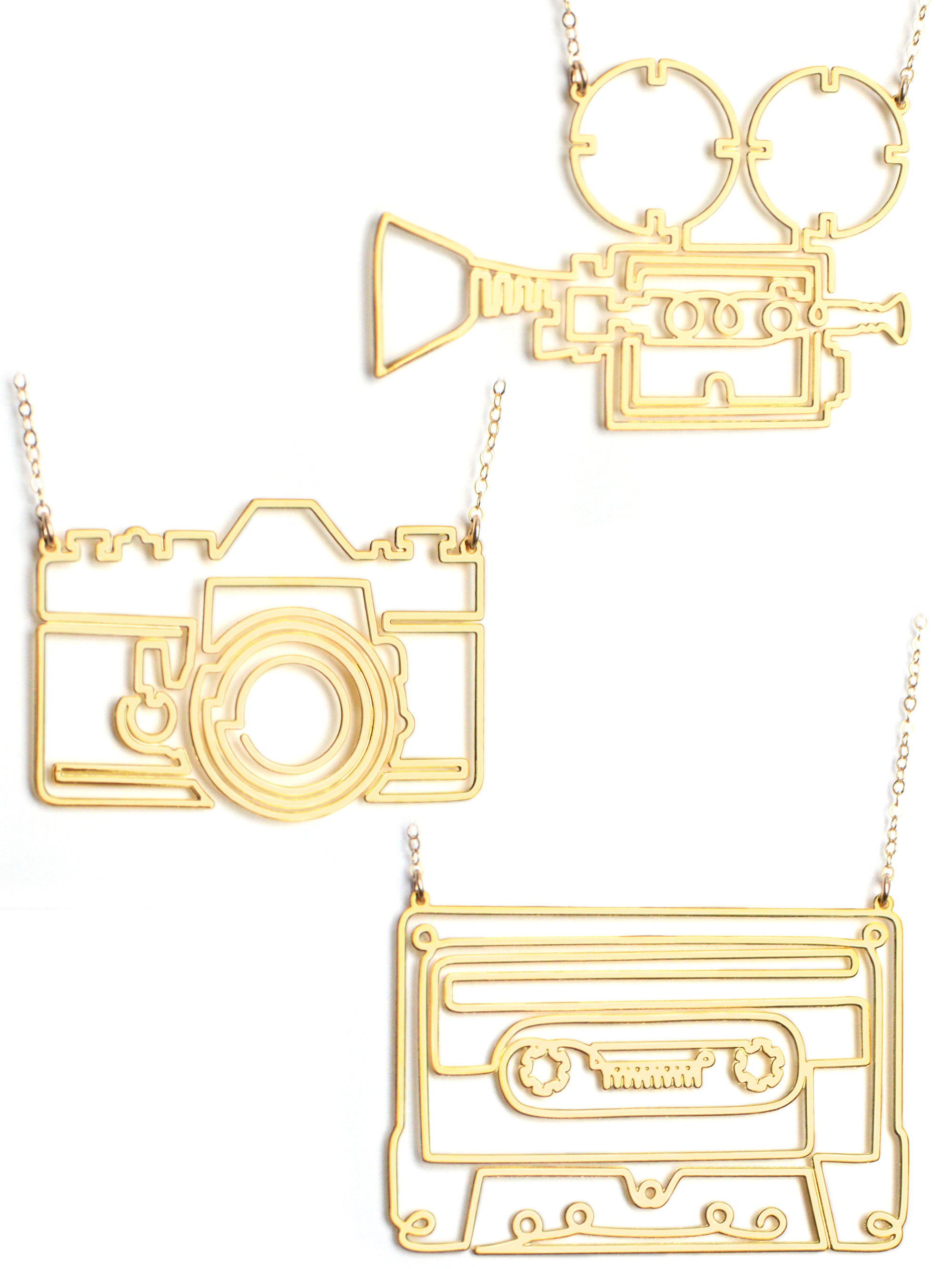 Creators Gift Set - High Quality, Hand Drawn, Creators Gift Set Necklaces - Featuring the Cassette, Photo Camera, Film Camera, and Slate Necklaces - Available in Gold and Silver - Made in USA - Brevity Jewelry