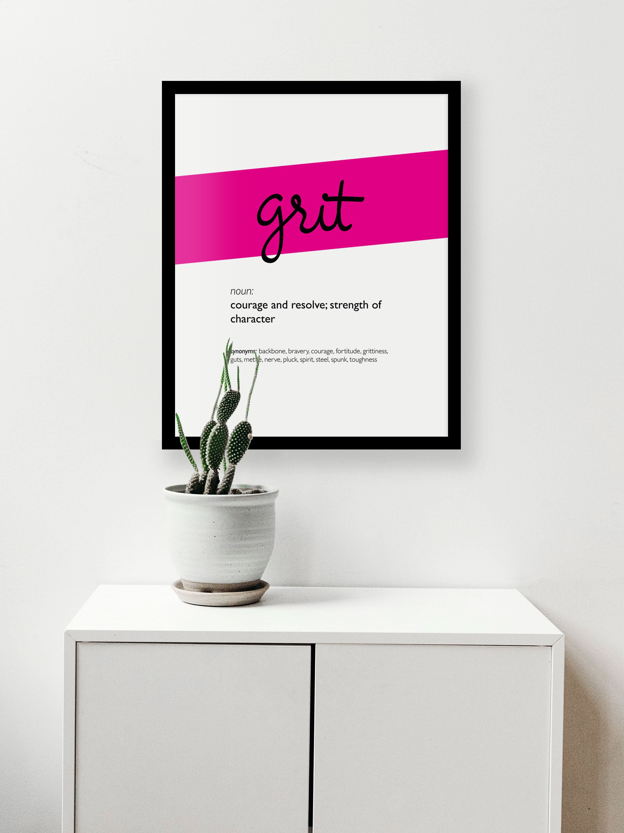 Framed Magenta Grit Print With Word Definition - High Quality, Affordable, Hand Written, Empowering, Self Love, Mantra Word Print. Archival-Quality, Matte Giclée Print - Brevity Jewelry