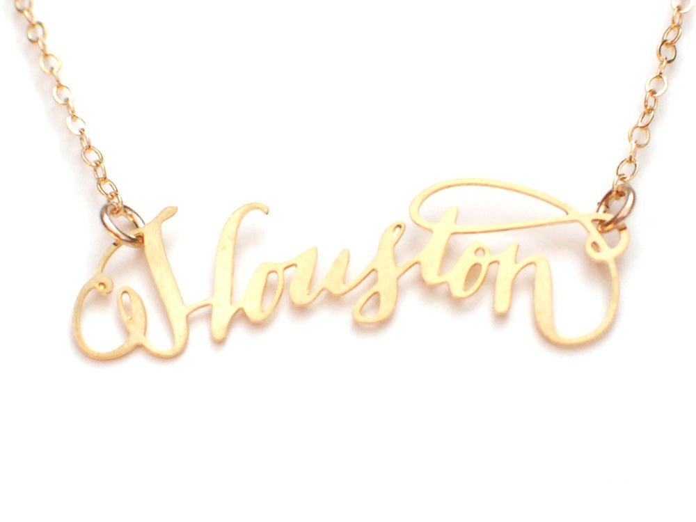 Houston City Love Necklace - High Quality, Hand Lettered, Calligraphy City Necklace - Your Favorite City - Available in Gold and Silver - Made in USA - Brevity Jewelry