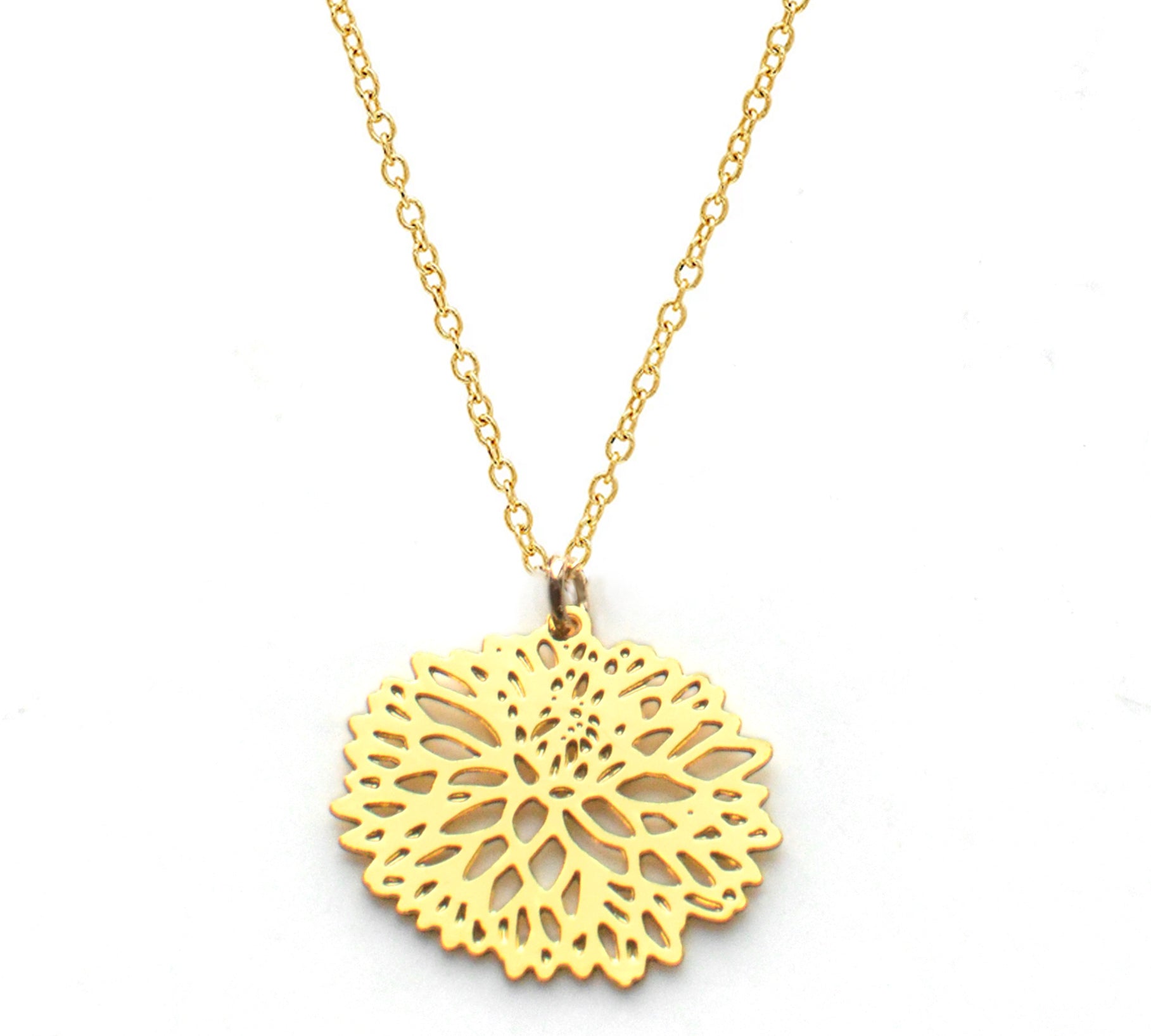 Chrysanthemum Necklace - High Quality, Affordable, Whimsical, Hand Drawn Necklace - November Birthday Gift - Available in Gold and Silver - Made in USA - Brevity Jewelry