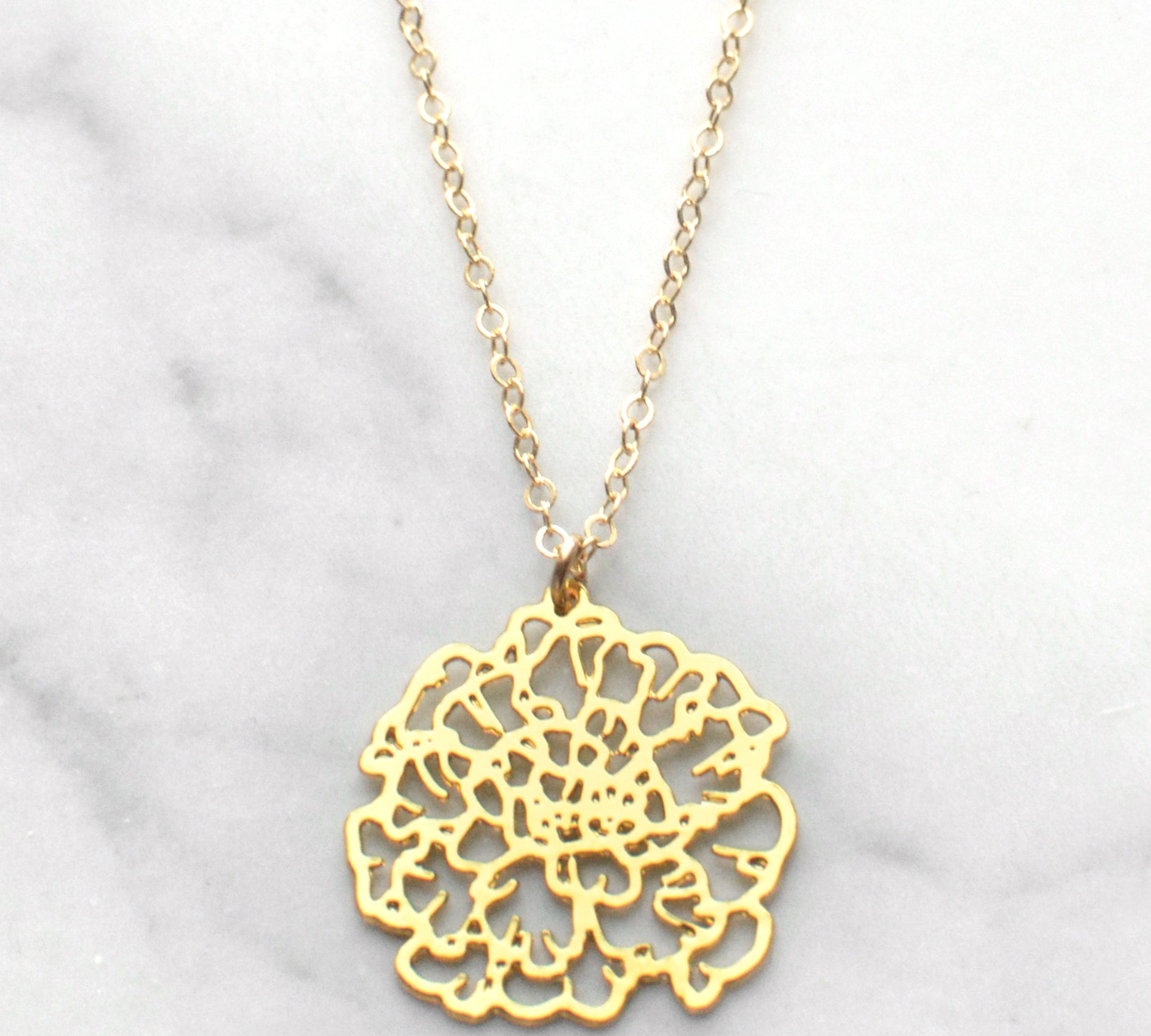 Marigold Necklace - High Quality, Affordable, Whimsical, Hand Drawn Necklace - October Birthday Gift - Available in Gold and Silver - Made in USA - Brevity Jewelry