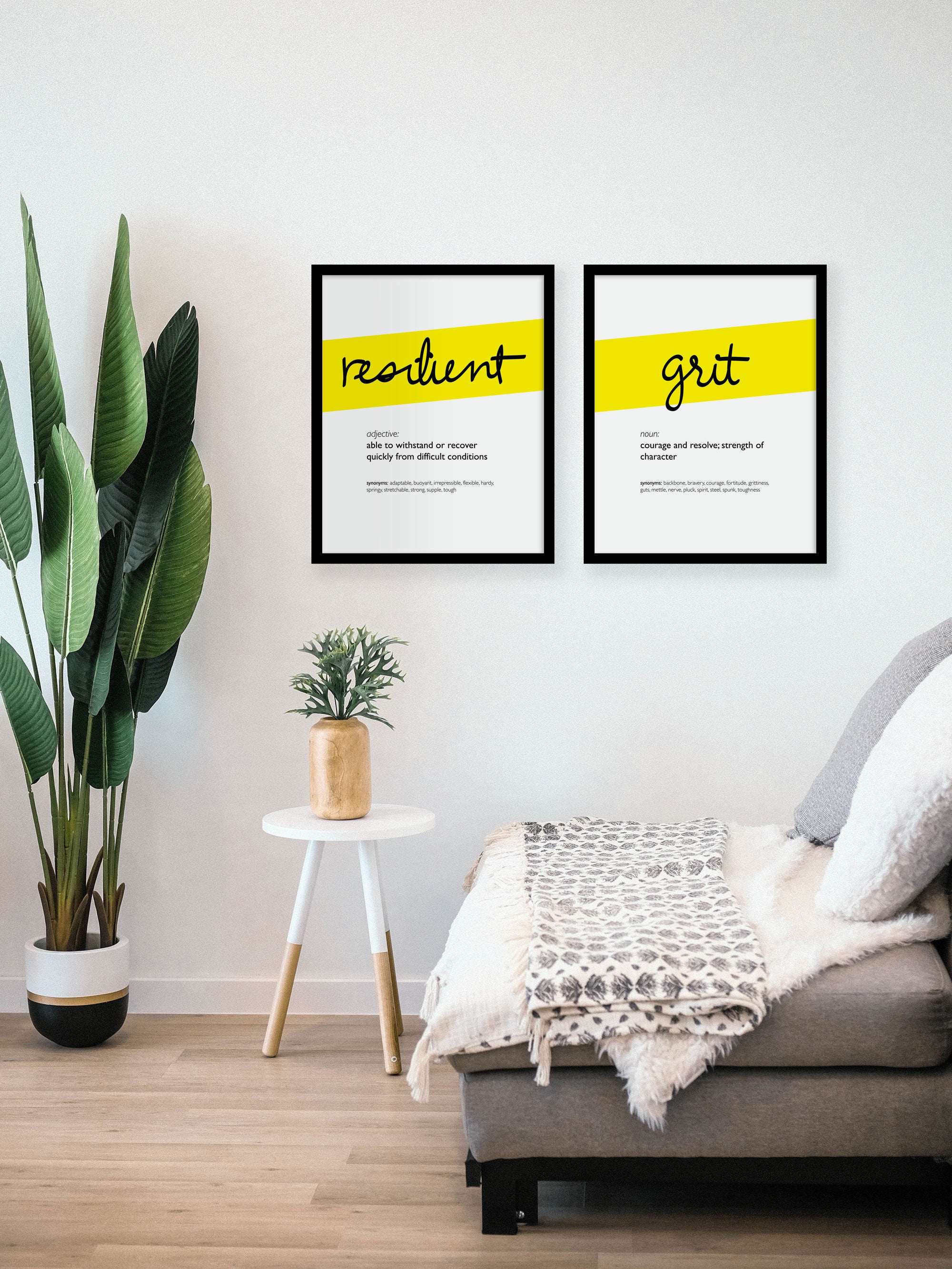 Framed Yellow Grit Print With Word Definition - High Quality, Affordable, Hand Written, Empowering, Self Love, Mantra Word Print. Archival-Quality, Matte Giclée Print - Brevity Jewelry