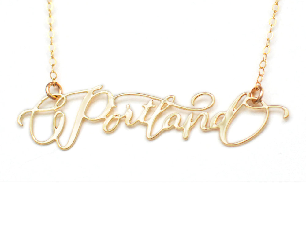 Portland City Love Necklace - High Quality, Hand Lettered, Calligraphy City Necklace - Your Favorite City - Available in Gold and Silver - Made in USA - Brevity Jewelry