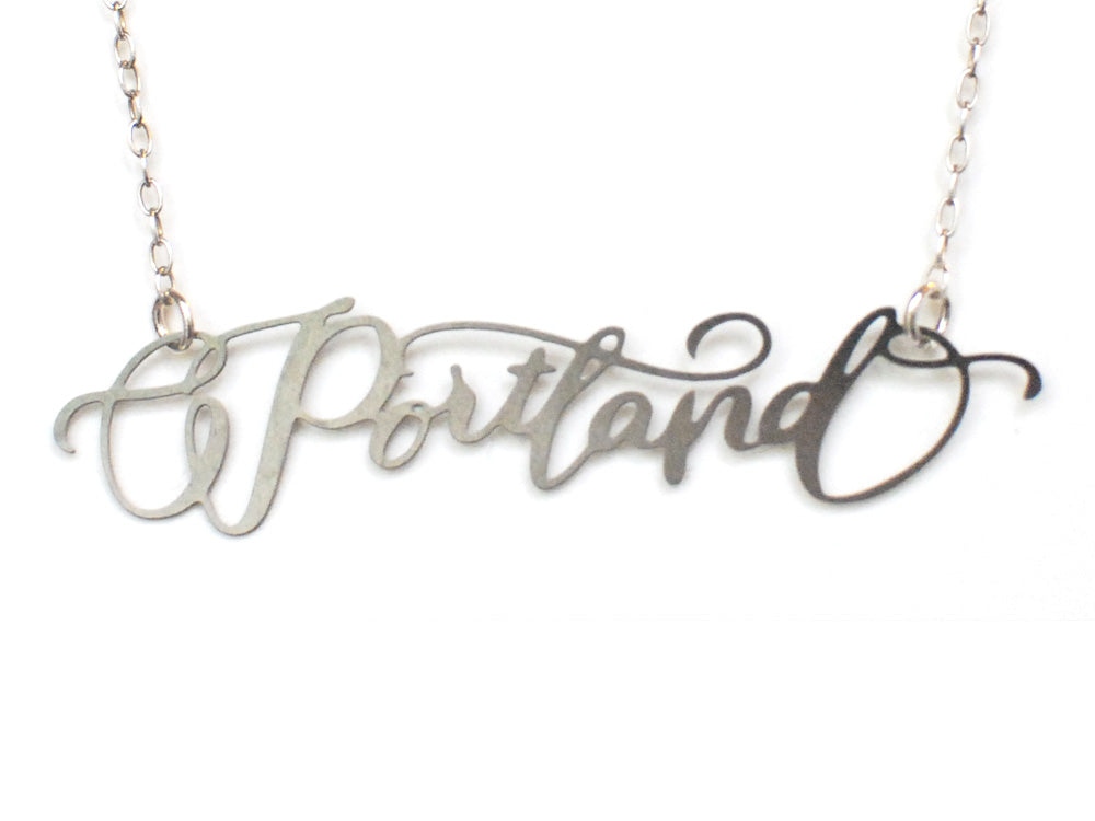 Portland City Love Necklace - High Quality, Hand Lettered, Calligraphy City Necklace - Your Favorite City - Available in Gold and Silver - Made in USA - Brevity Jewelry