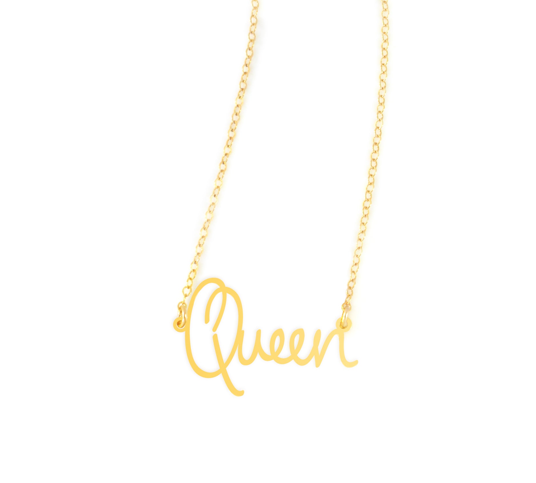 Queen Necklace - High Quality, Affordable, Hand Written, Empowering, Self Love, Mantra Word Necklace - Available in Gold and Silver - Small and Large Sizes - Made in USA - Brevity Jewelry