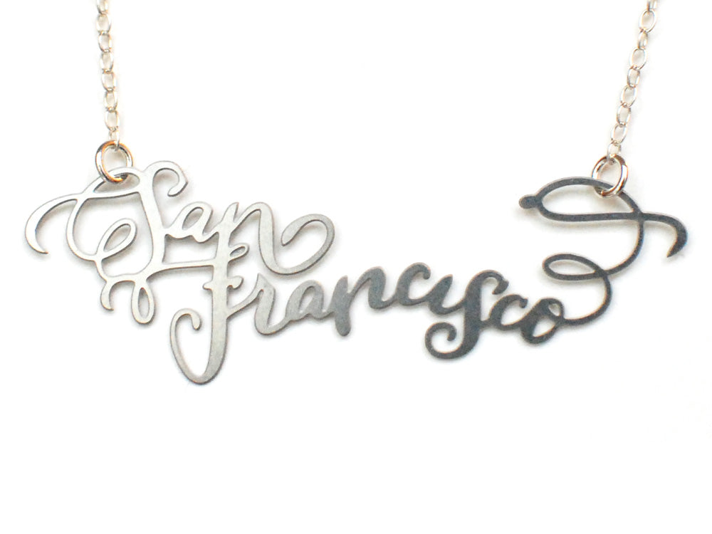 San Francisco City Love Necklace - High Quality, Hand Lettered, Calligraphy City Necklace - Your Favorite City - Available in Gold and Silver - Made in USA - Brevity Jewelry