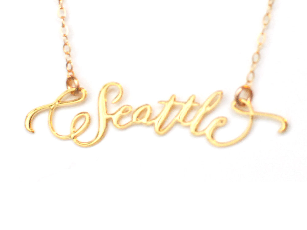 Seattle City Love Necklace - High Quality, Hand Lettered, Calligraphy City Necklace - Your Favorite City - Available in Gold and Silver - Made in USA - Brevity Jewelry