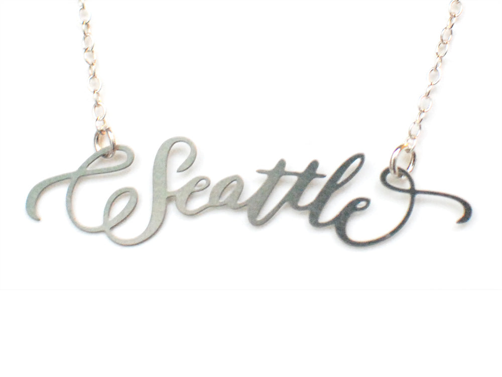 Seattle City Love Necklace - High Quality, Hand Lettered, Calligraphy City Necklace - Your Favorite City - Available in Gold and Silver - Made in USA - Brevity Jewelry