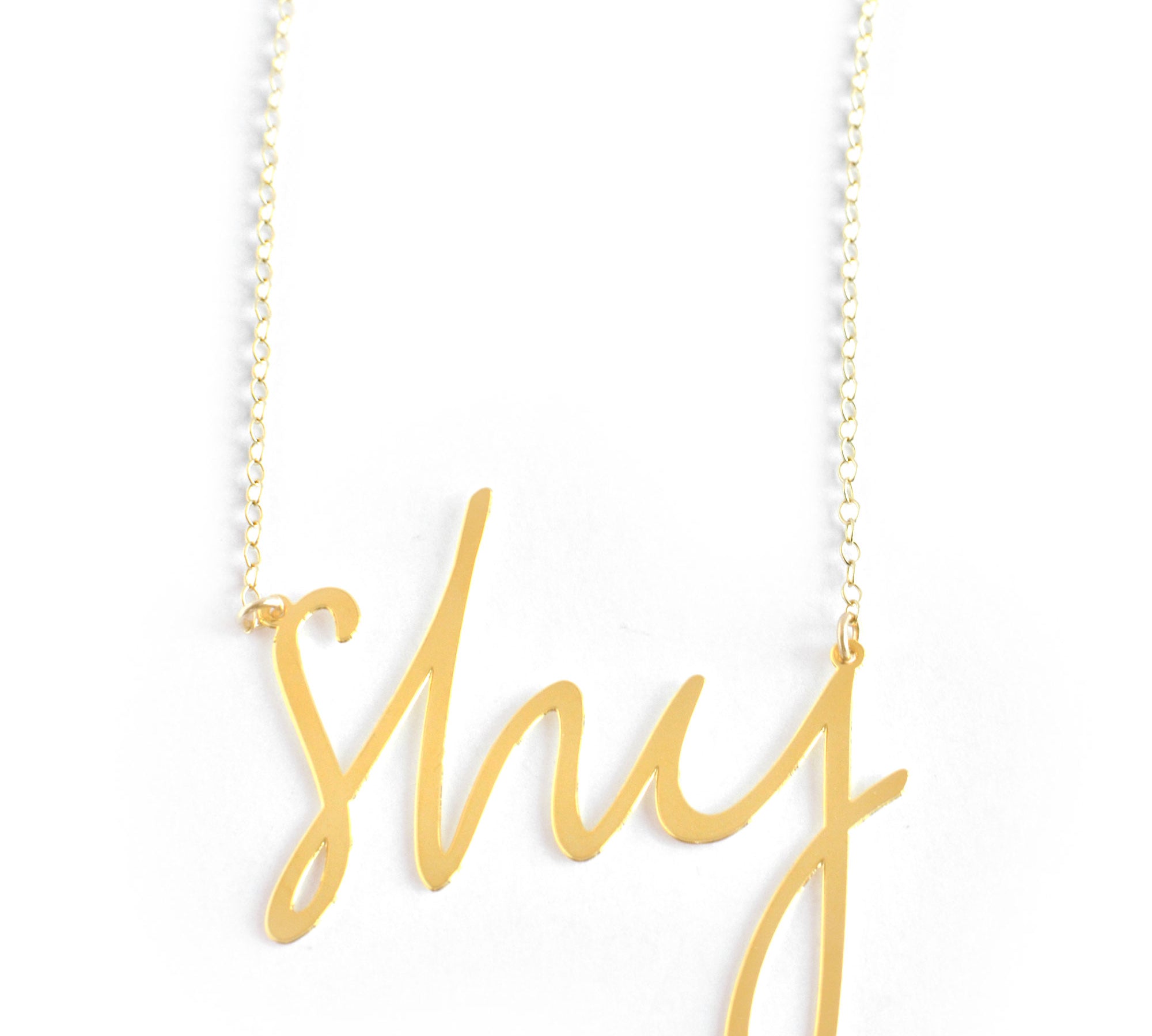 Shy Necklace - High Quality, Affordable, Hand Written, Self Love, Mantra Word Necklace - Available in Gold and Silver - Small and Large Sizes - Made in USA - Brevity Jewelry
