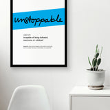 Framed Cyan Unstoppable Print With Word Definition - High Quality, Affordable, Hand Written, Empowering, Self Love, Mantra Word Print. Archival-Quality, Matte Giclée Print - Brevity Jewelry