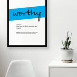 Framed Cyan Worthy Print With Word Definition - High Quality, Affordable, Hand Written, Empowering, Self Love, Mantra Word Print. Archival-Quality, Matte Giclée Print - Brevity Jewelry