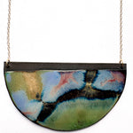 Brevity one-of-a-kind ceramic pendant necklace, wide half-moon glazed in green, rose and slate, on a fine chain