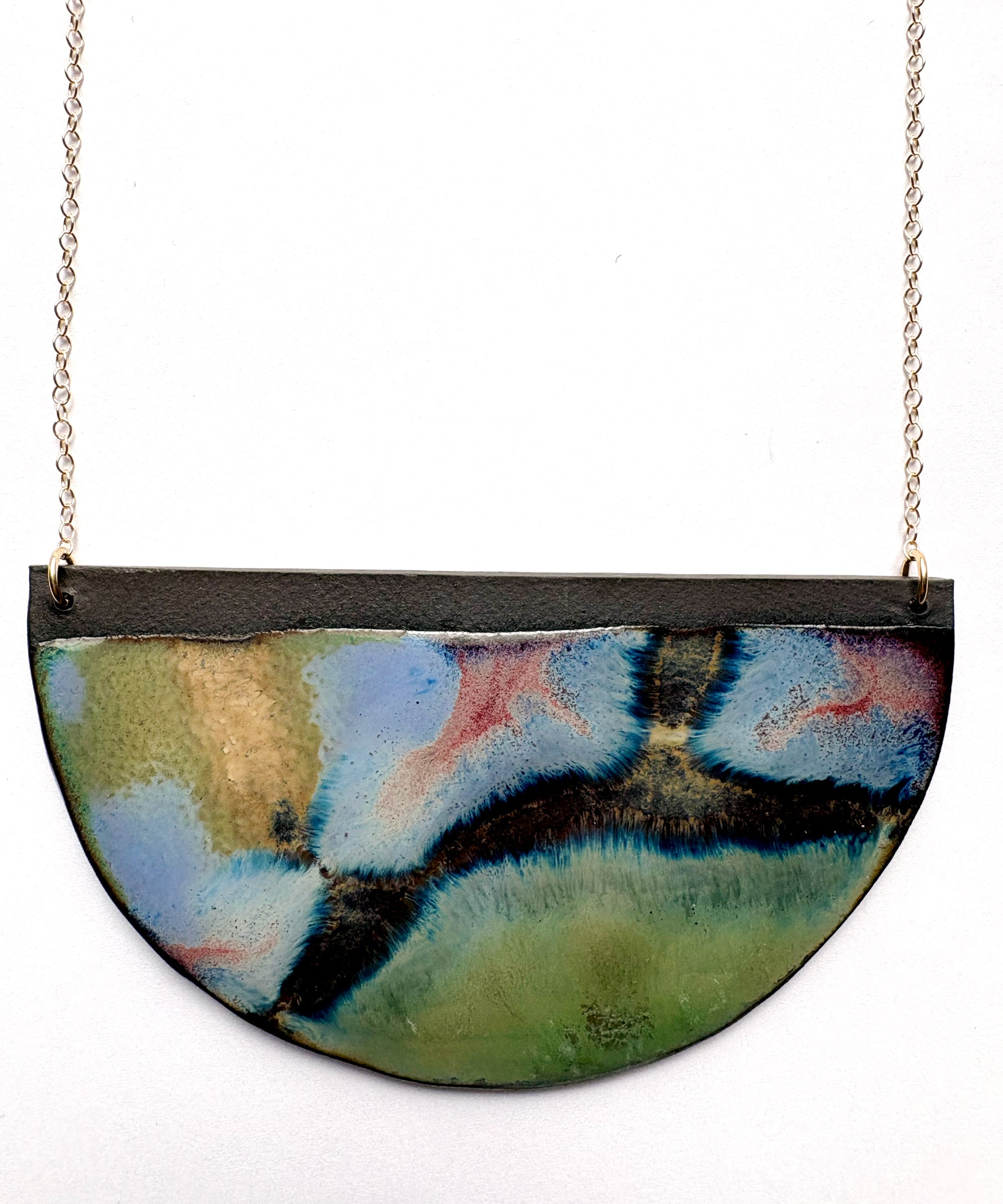Brevity one-of-a-kind ceramic pendant necklace, wide half-moon glazed in green, rose and slate, on a fine chain