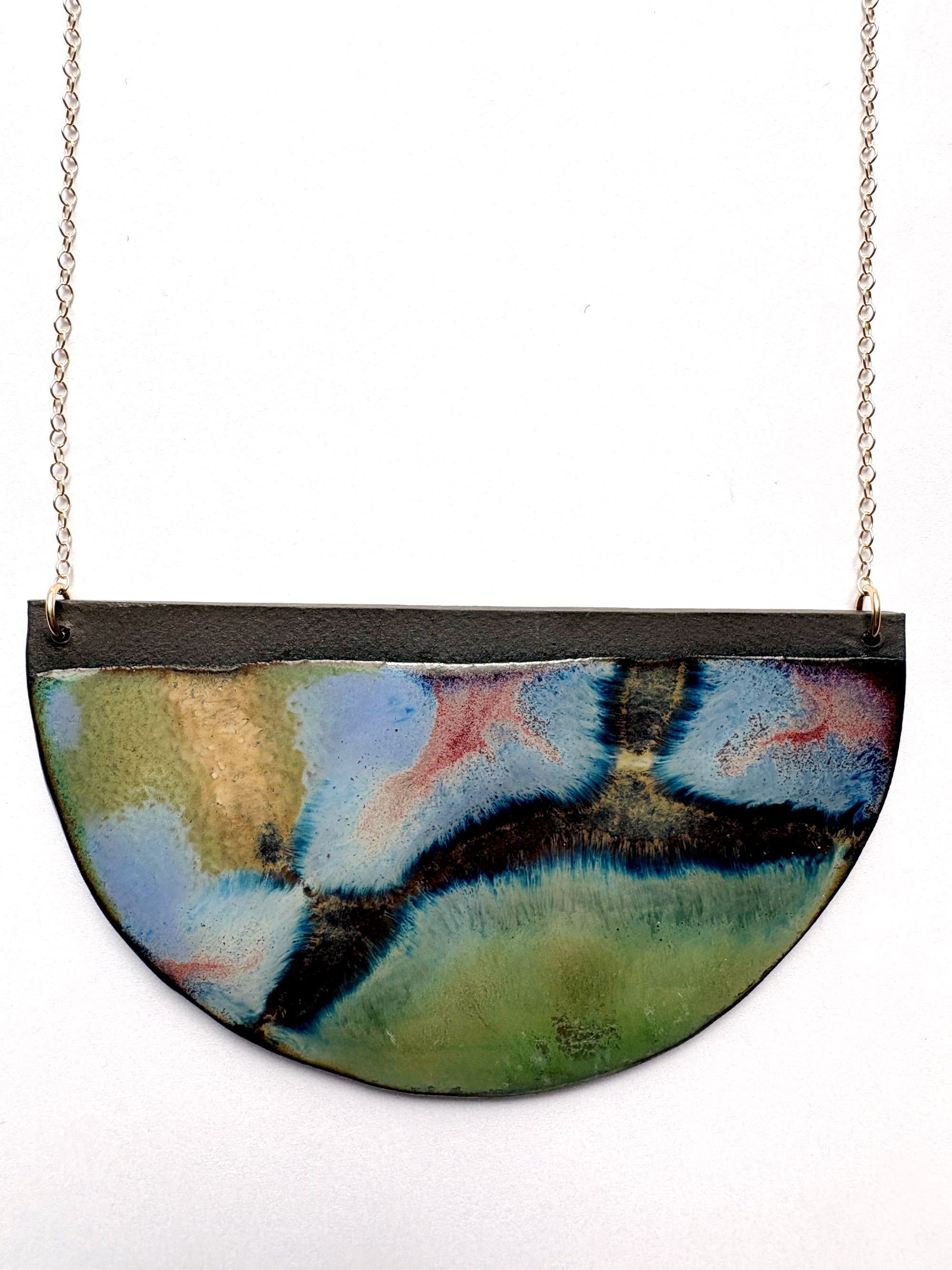 Brevity one-of-a-kind ceramic pendant necklace, wide half-moon glazed in green, rose and slate, on a fine chain
