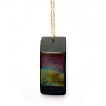 Brevity one-of-a-kind ceramic pendant necklace, vertical tablet glazed in purple, teal and olive, on a fine chain