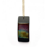 Brevity one-of-a-kind ceramic pendant necklace, vertical tablet glazed in purple, teal and olive, on a fine chain