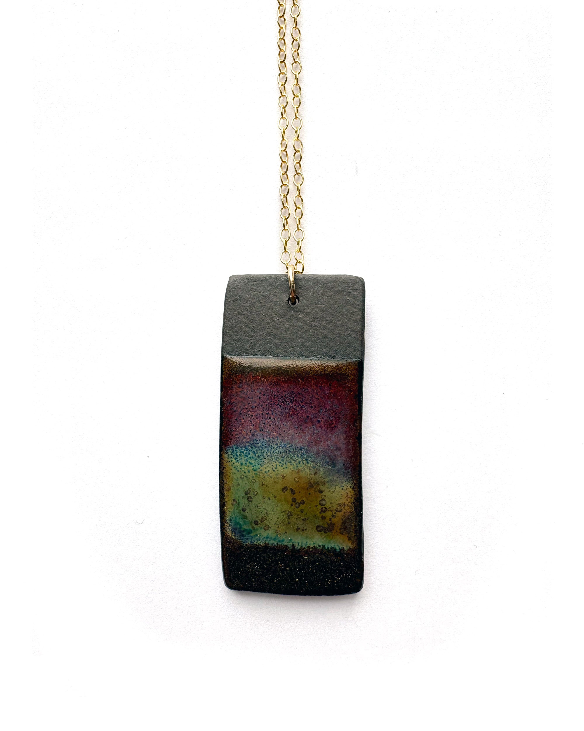 Brevity one-of-a-kind ceramic pendant necklace, vertical tablet glazed in purple, teal and olive, on a fine chain