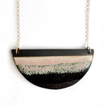 Brevity one-of-a-kind ceramic pendant necklace, half-moon glazed in pink and mint, on a fine chain