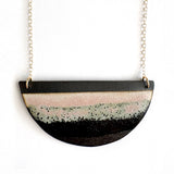 Brevity one-of-a-kind ceramic pendant necklace, half-moon glazed in pink and mint, on a fine chain