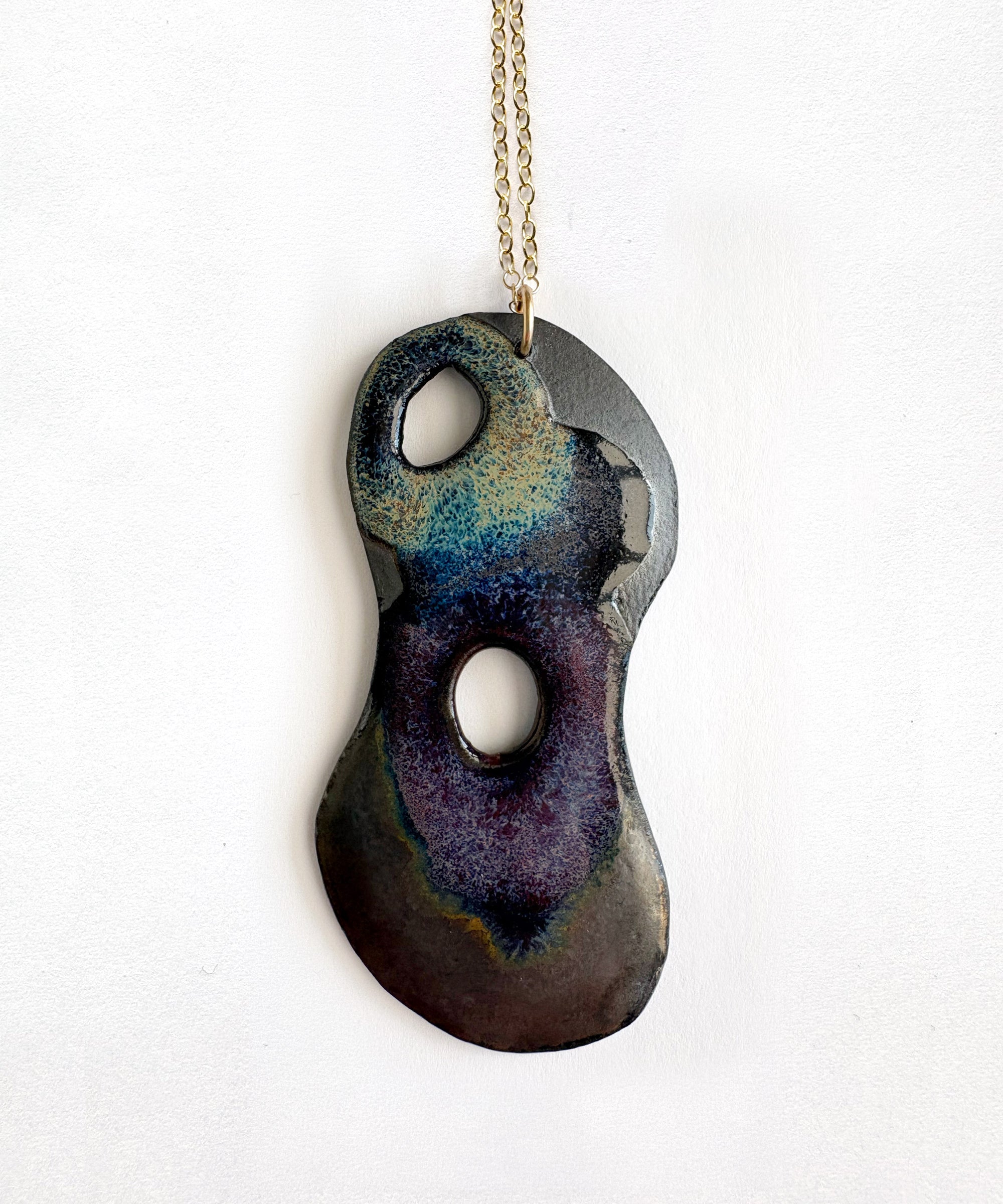 Brevity one-of-a-kind ceramic pendant necklace, freeform glazed in amethyst, blue and teal, on a fine chain