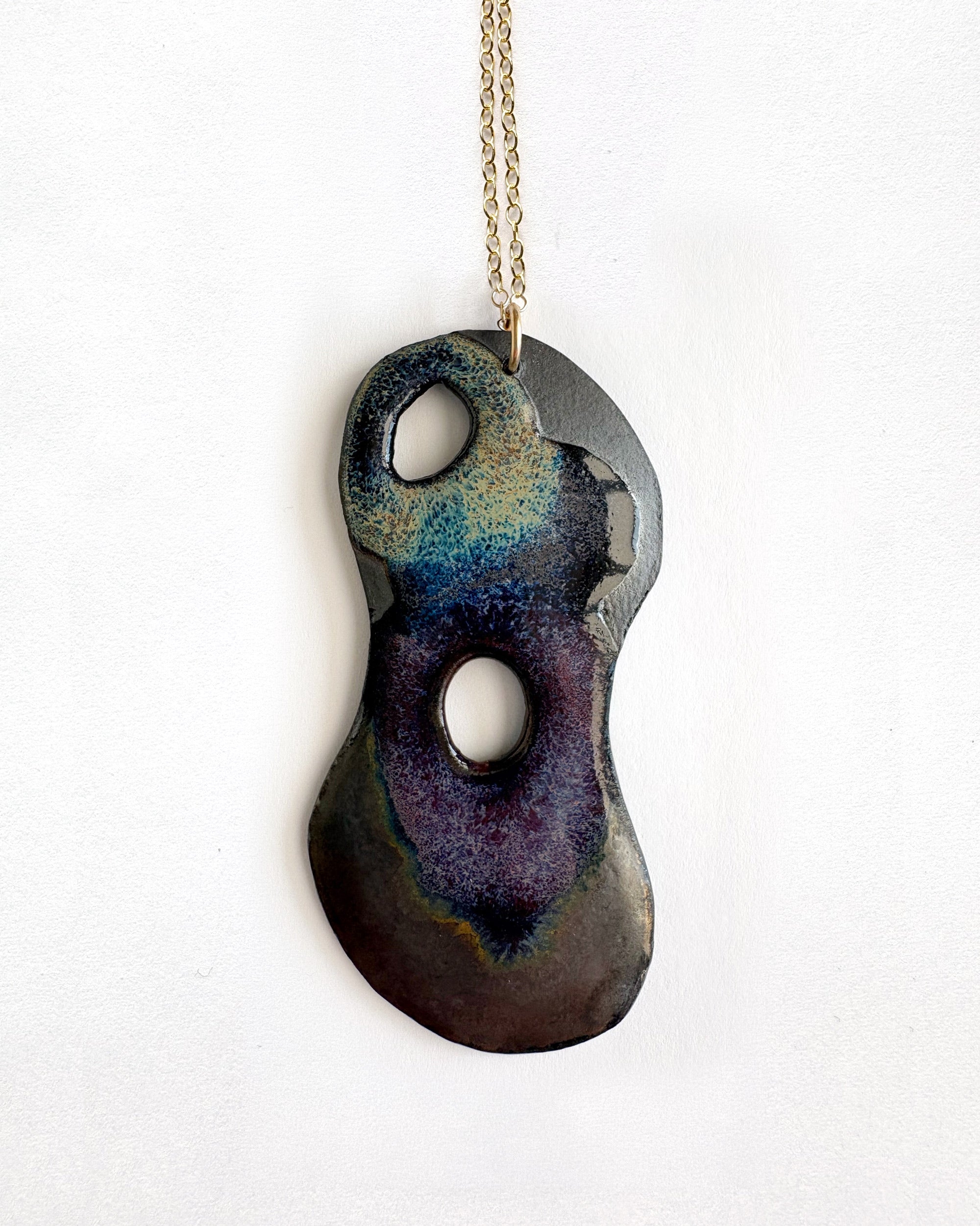 Brevity one-of-a-kind ceramic pendant necklace, freeform glazed in amethyst, blue and teal, on a fine chain