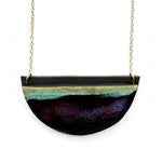 Brevity one-of-a-kind ceramic pendant necklace, half-moon glazed in yellow, teal and violet, on a fine chain