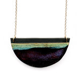 Brevity one-of-a-kind ceramic pendant necklace, half-moon glazed in yellow, teal and violet, on a fine chain