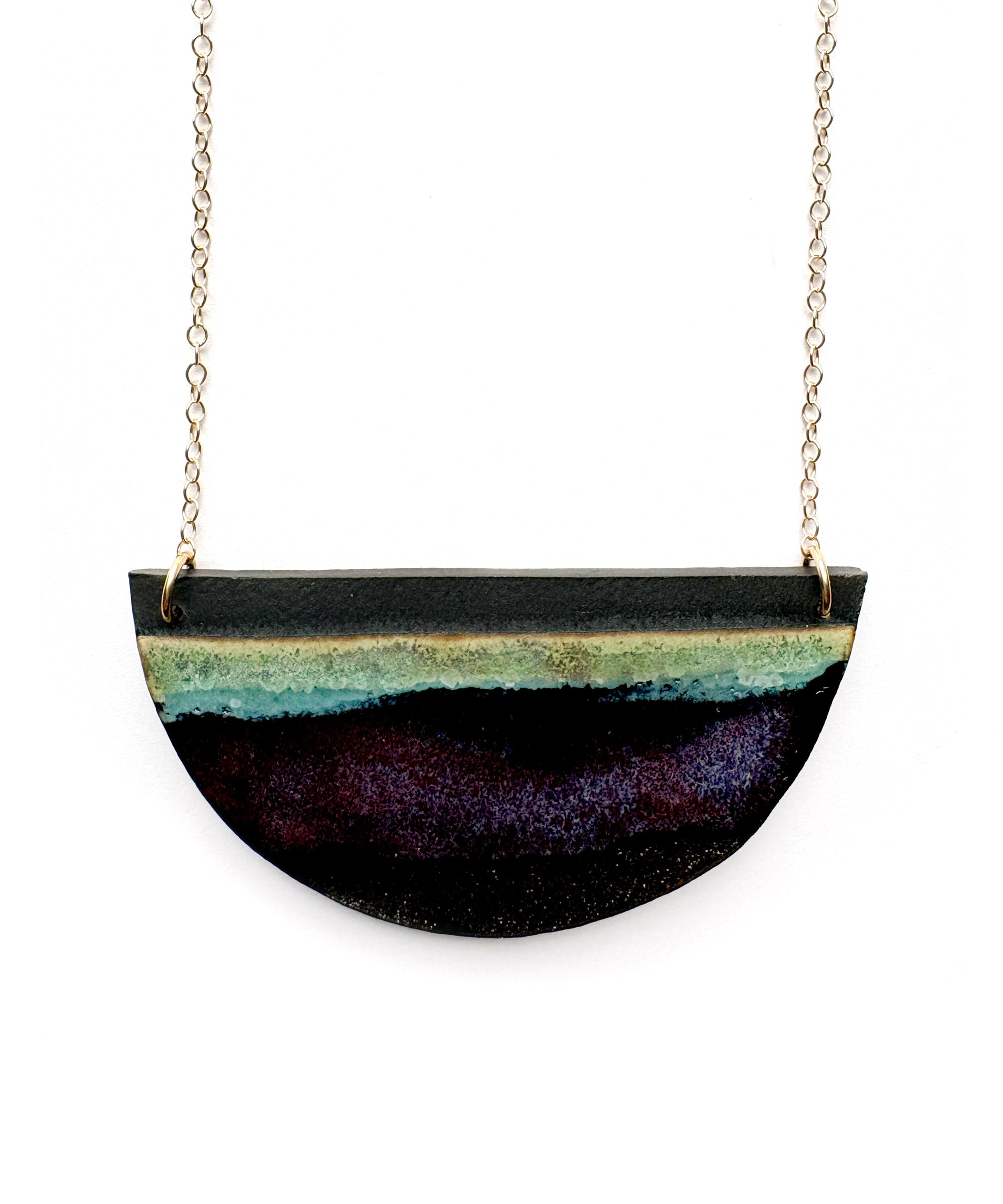 Brevity one-of-a-kind ceramic pendant necklace, half-moon glazed in yellow, teal and violet, on a fine chain