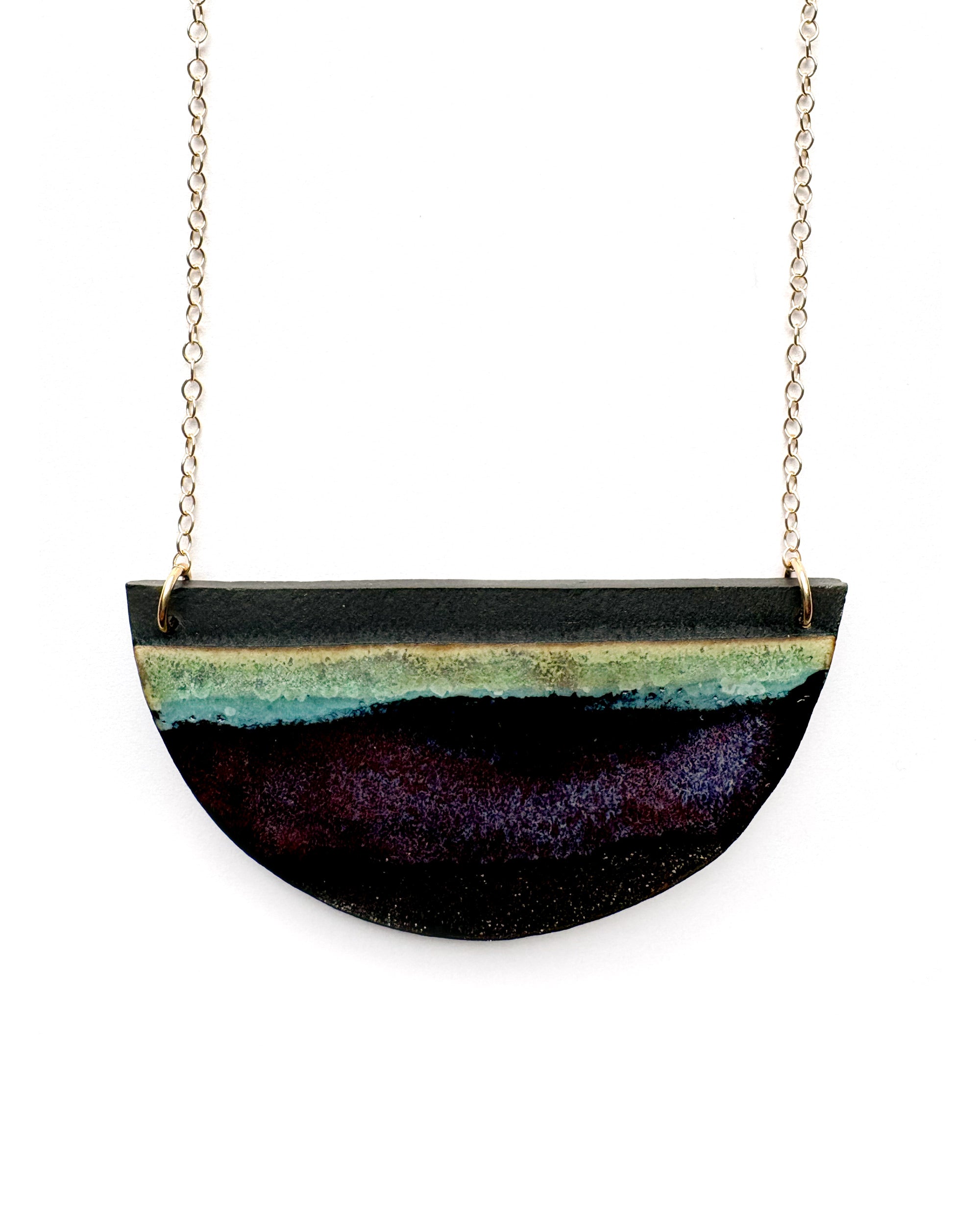 Brevity one-of-a-kind ceramic pendant necklace, half-moon glazed in yellow, teal and violet, on a fine chain