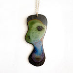 Brevity one-of-a-kind ceramic pendant necklace, tall freeform glazed in green, blue and violet, on a fine chain