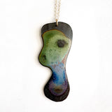 Brevity one-of-a-kind ceramic pendant necklace, tall freeform glazed in green, blue and violet, on a fine chain