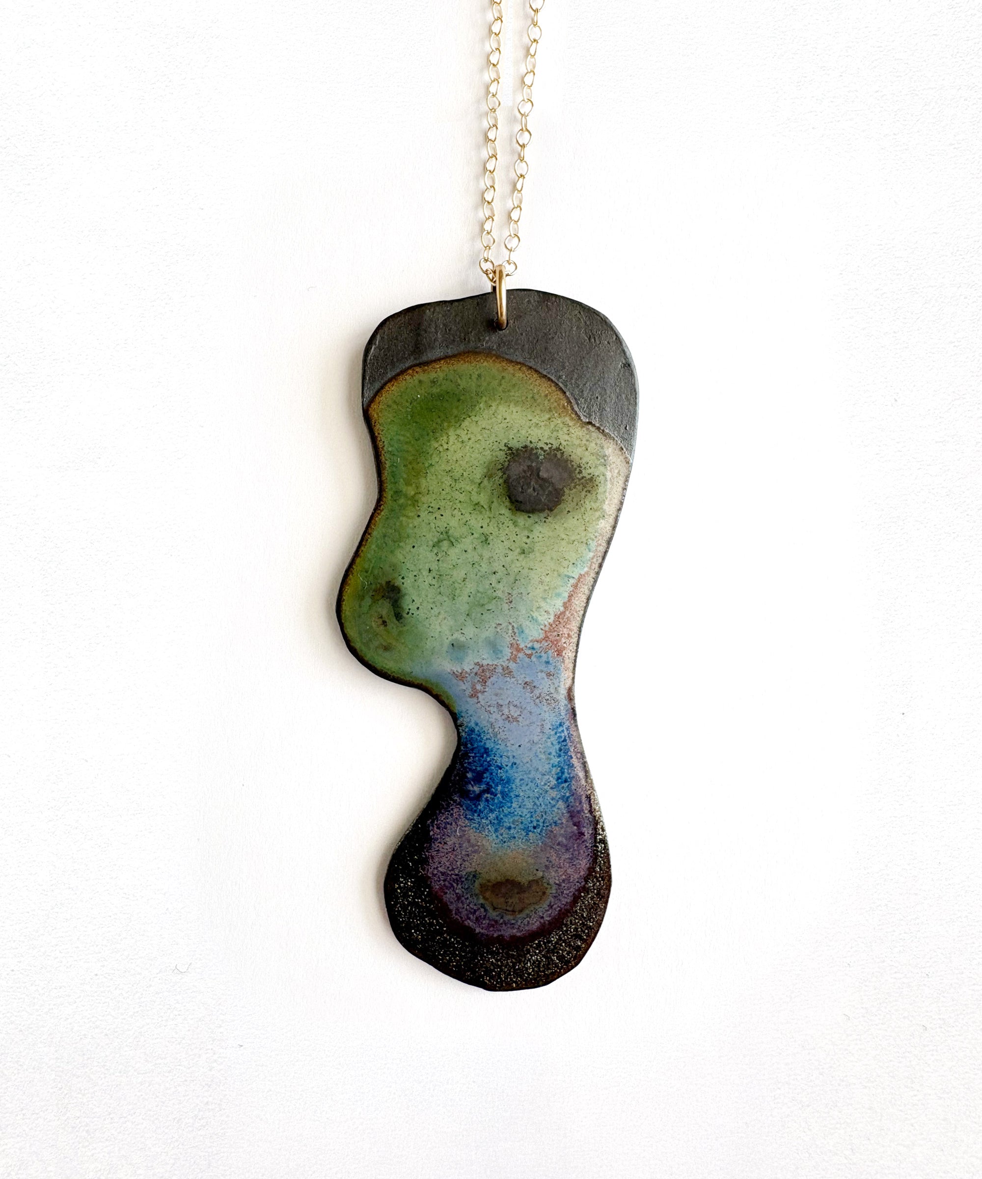 Brevity one-of-a-kind ceramic pendant necklace, tall freeform glazed in green, blue and violet, on a fine chain