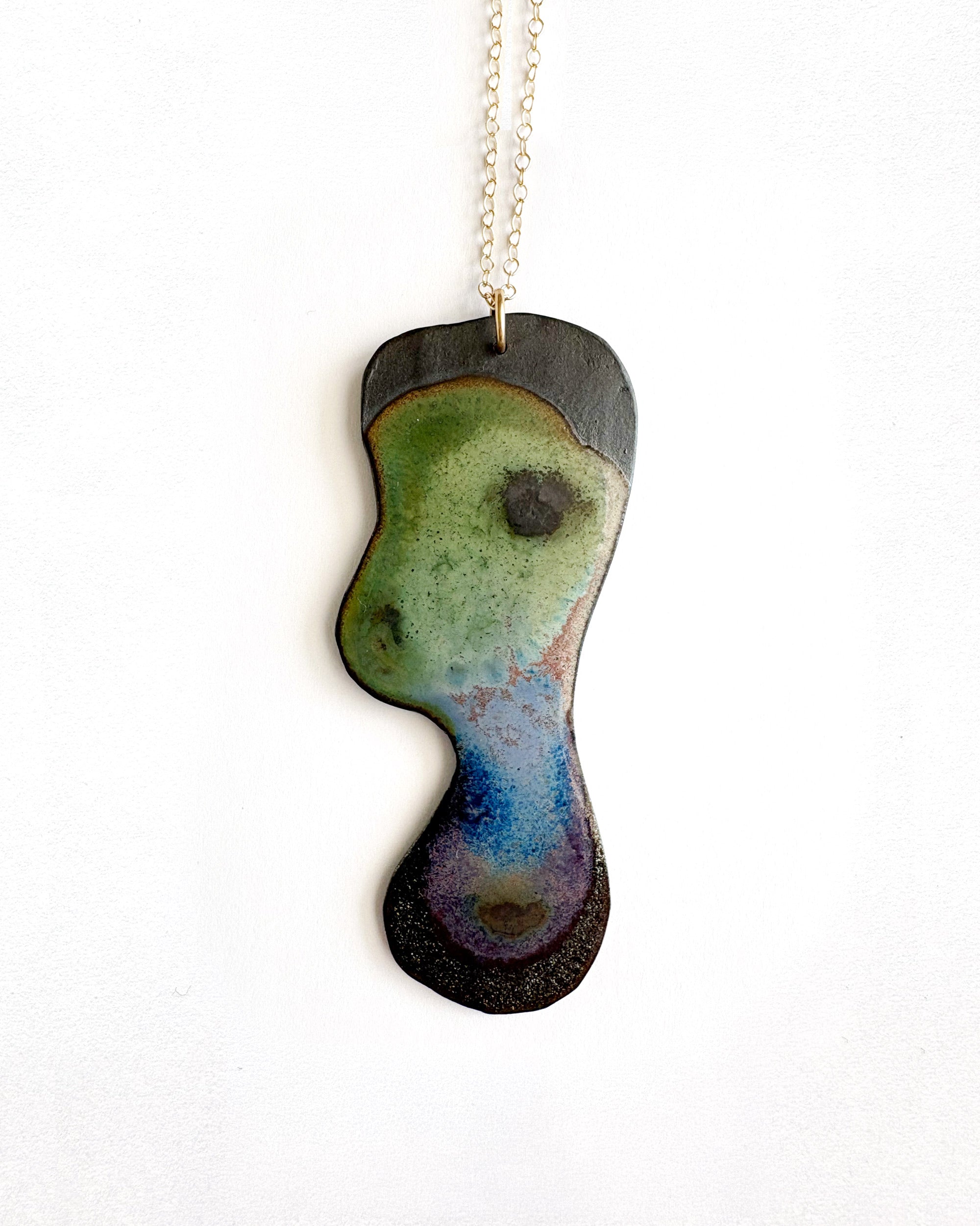 Brevity one-of-a-kind ceramic pendant necklace, tall freeform glazed in green, blue and violet, on a fine chain