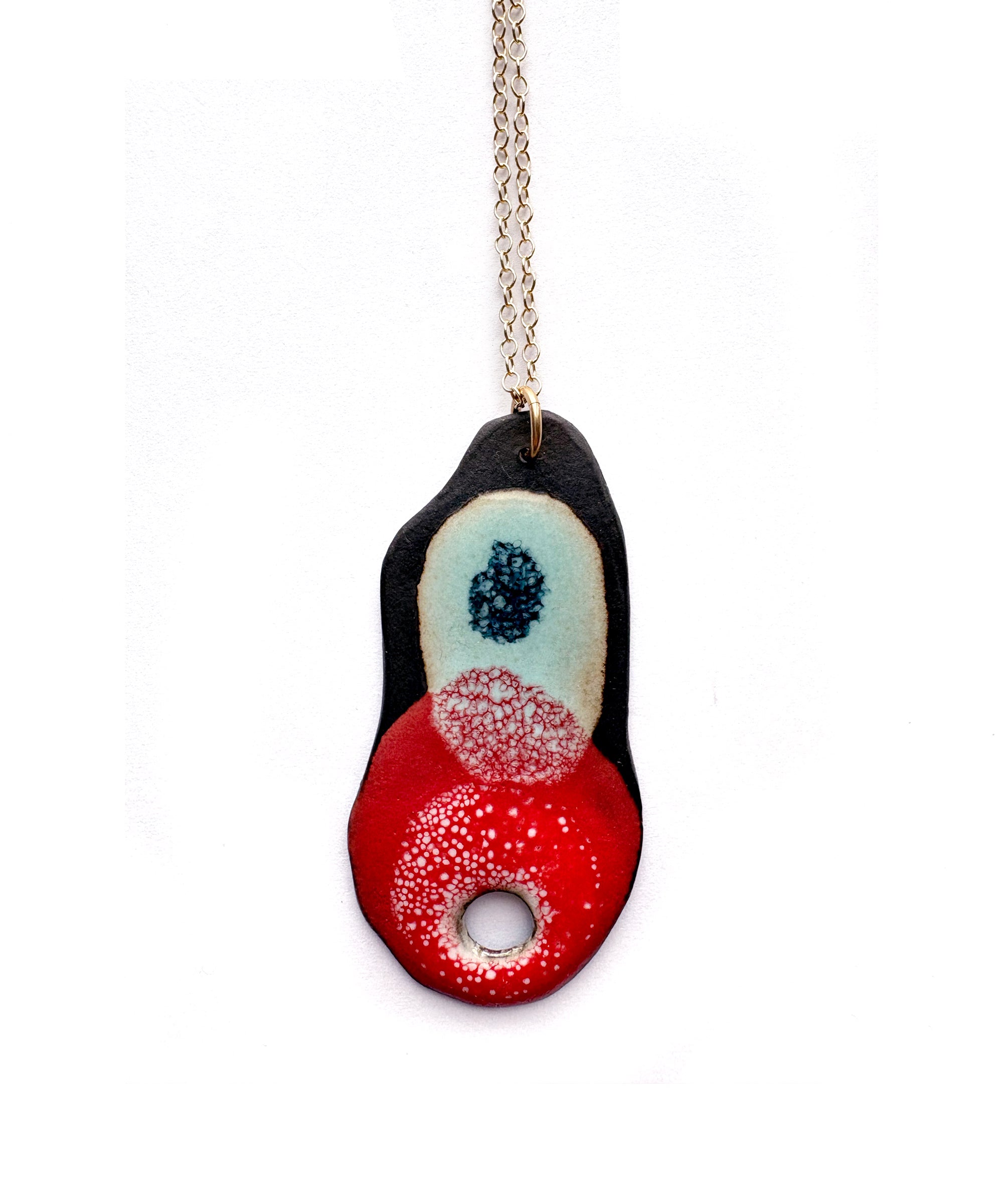 Brevity one-of-a-kind ceramic pendant necklace, freeform glazed in poppy red and blue, on a fine chain