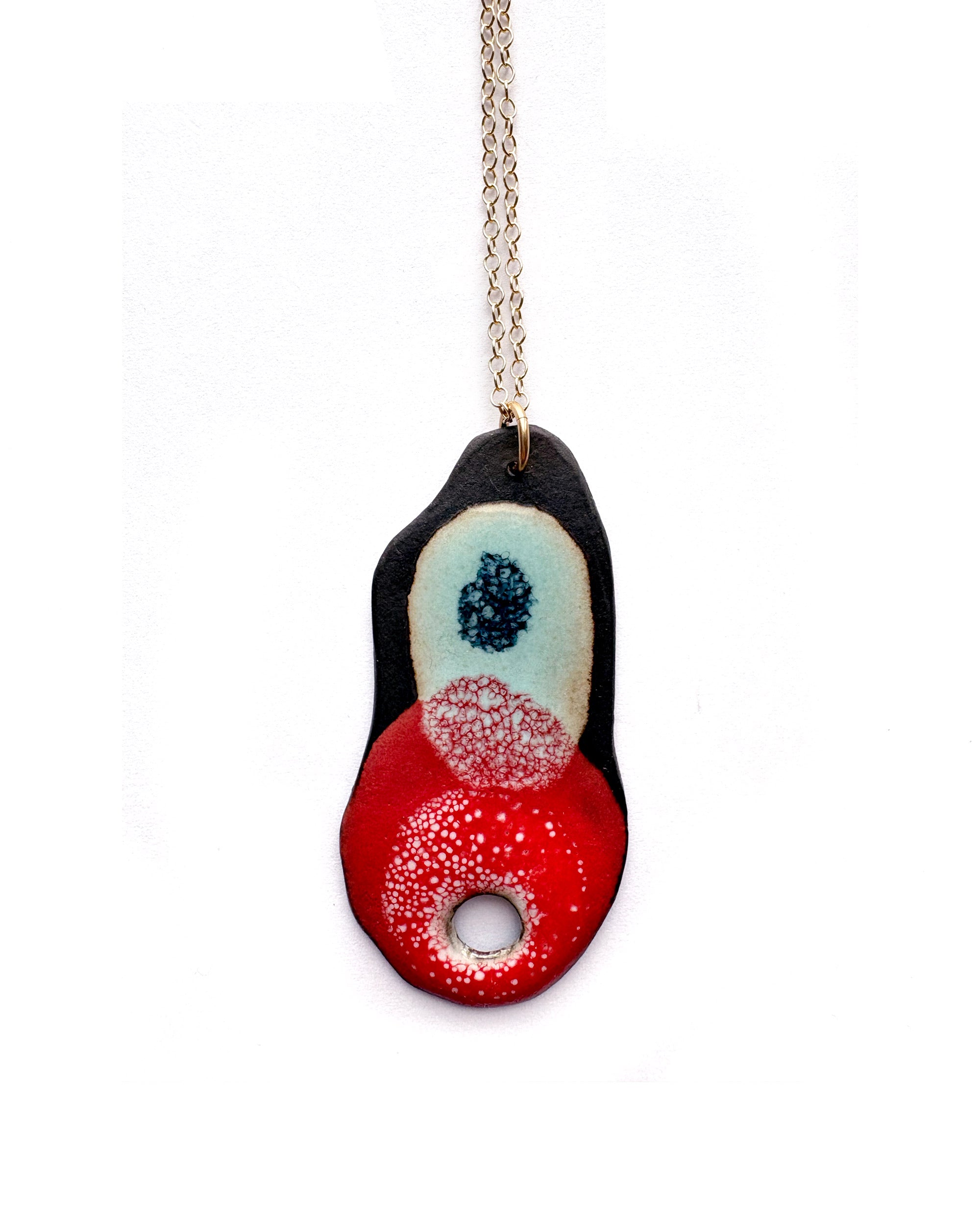 Brevity one-of-a-kind ceramic pendant necklace, freeform glazed in poppy red and blue, on a fine chain