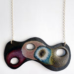 Brevity one-of-a-kind ceramic pendant necklace, freeform glazed in crimson, purple and teal, on a fine chain