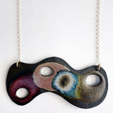 Brevity one-of-a-kind ceramic pendant necklace, freeform glazed in crimson, purple and teal, on a fine chain