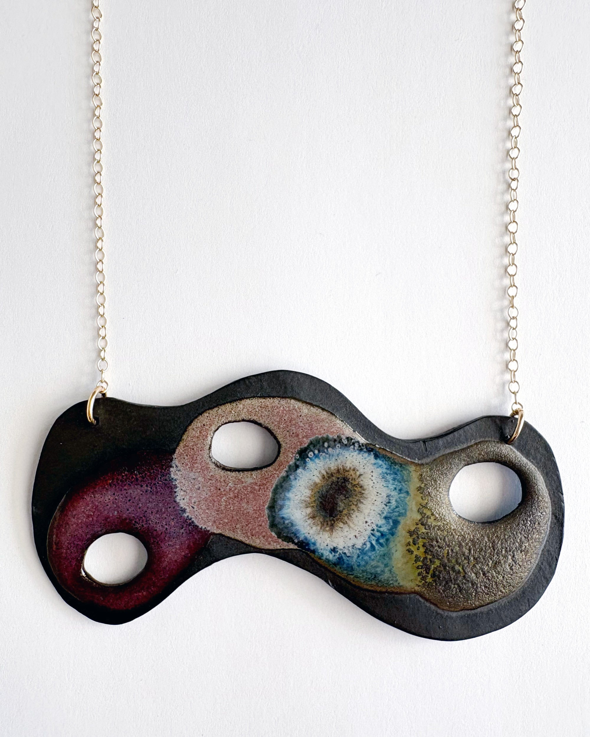 Brevity one-of-a-kind ceramic pendant necklace, freeform glazed in crimson, purple and teal, on a fine chain