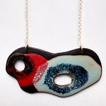 Brevity one-of-a-kind ceramic pendant necklace, freeform glazed in scarlet, navy and teal, on a fine chain