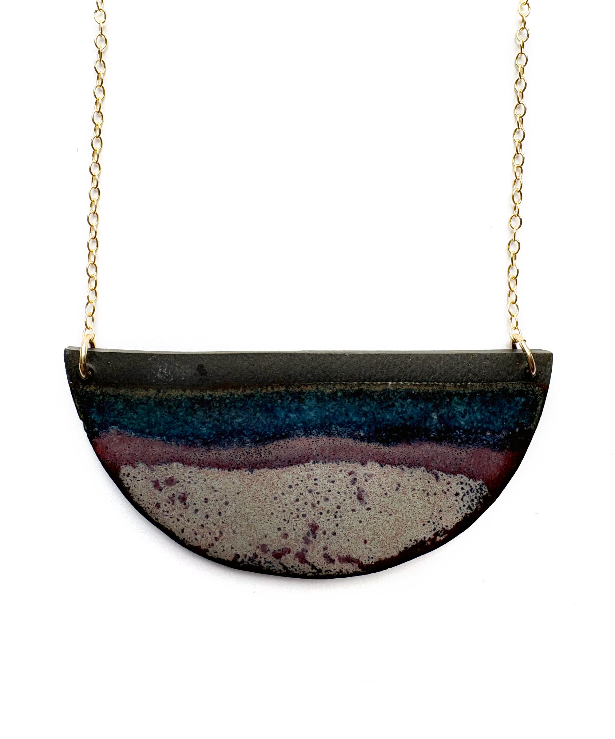 Brevity one-of-a-kind ceramic pendant necklace, half-moon glazed in mauve and aubergine, on a fine chain