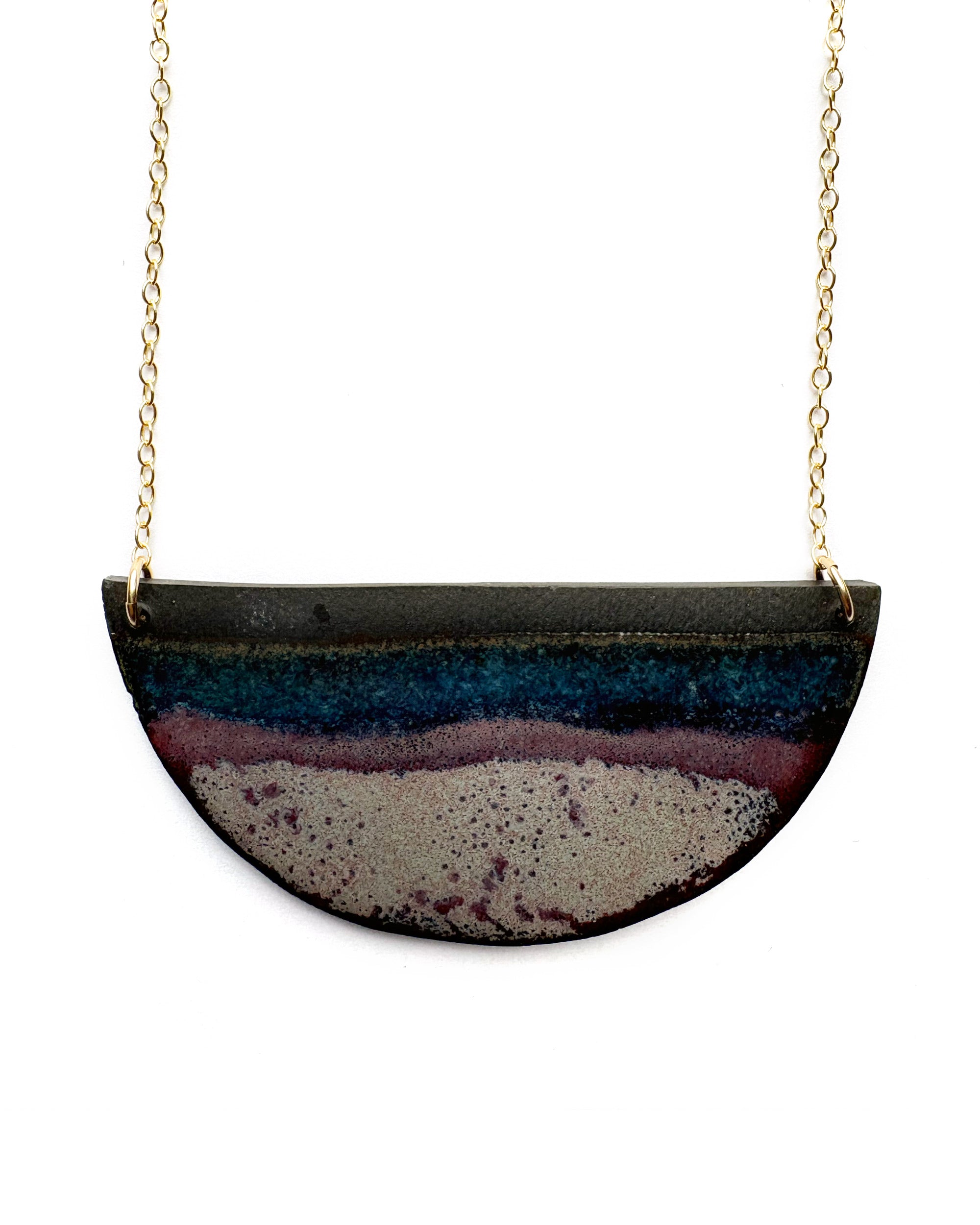 Brevity one-of-a-kind ceramic pendant necklace, half-moon glazed in mauve and aubergine, on a fine chain