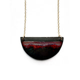 Brevity one-of-a-kind ceramic pendant necklace, half-moon glazed in deep red and a matte metal, on a fine chain