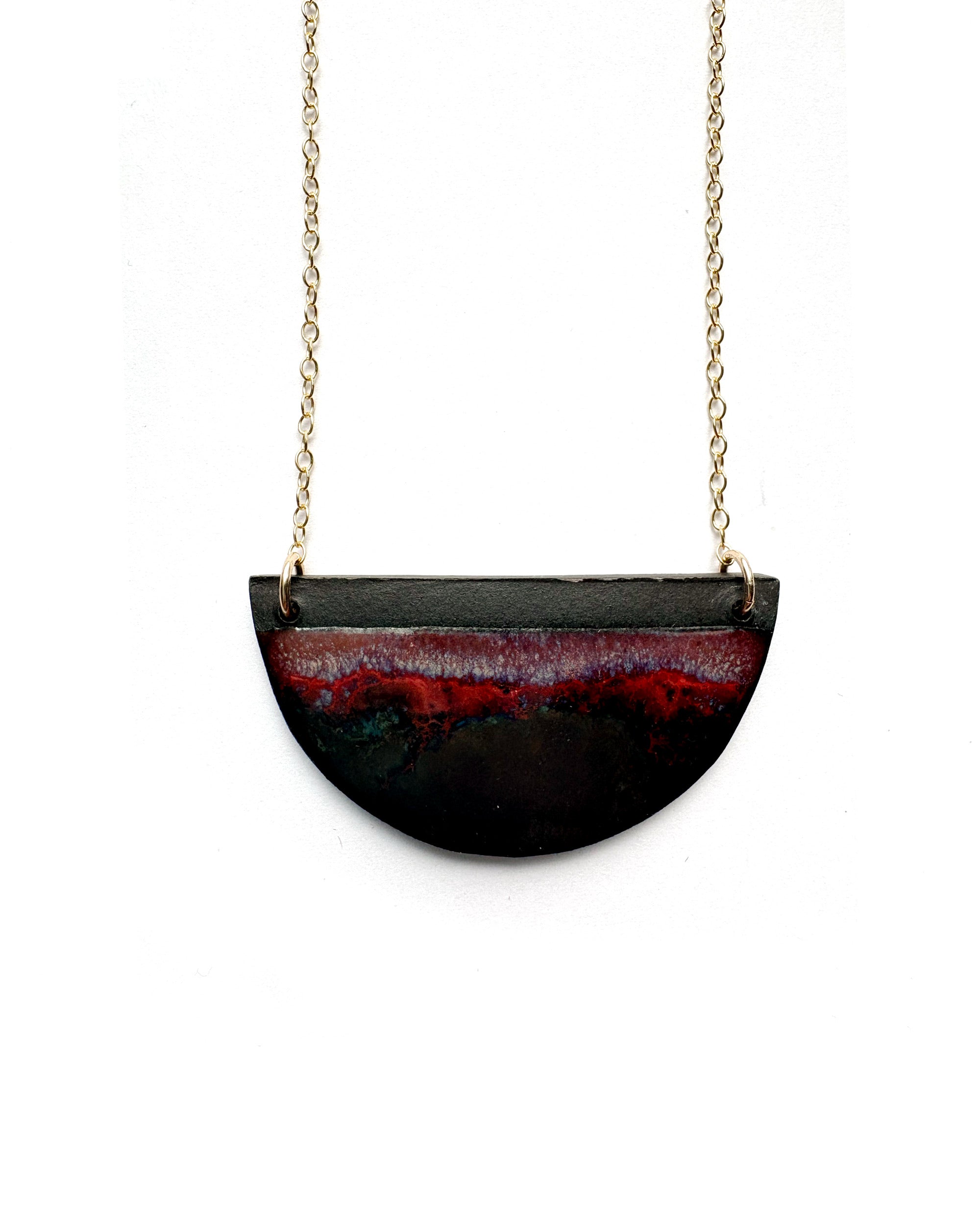Brevity one-of-a-kind ceramic pendant necklace, half-moon glazed in deep red and a matte metal, on a fine chain