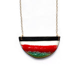 Brevity one-of-a-kind ceramic pendant necklace, half-moon glazed in red, teal and white, on a fine chain