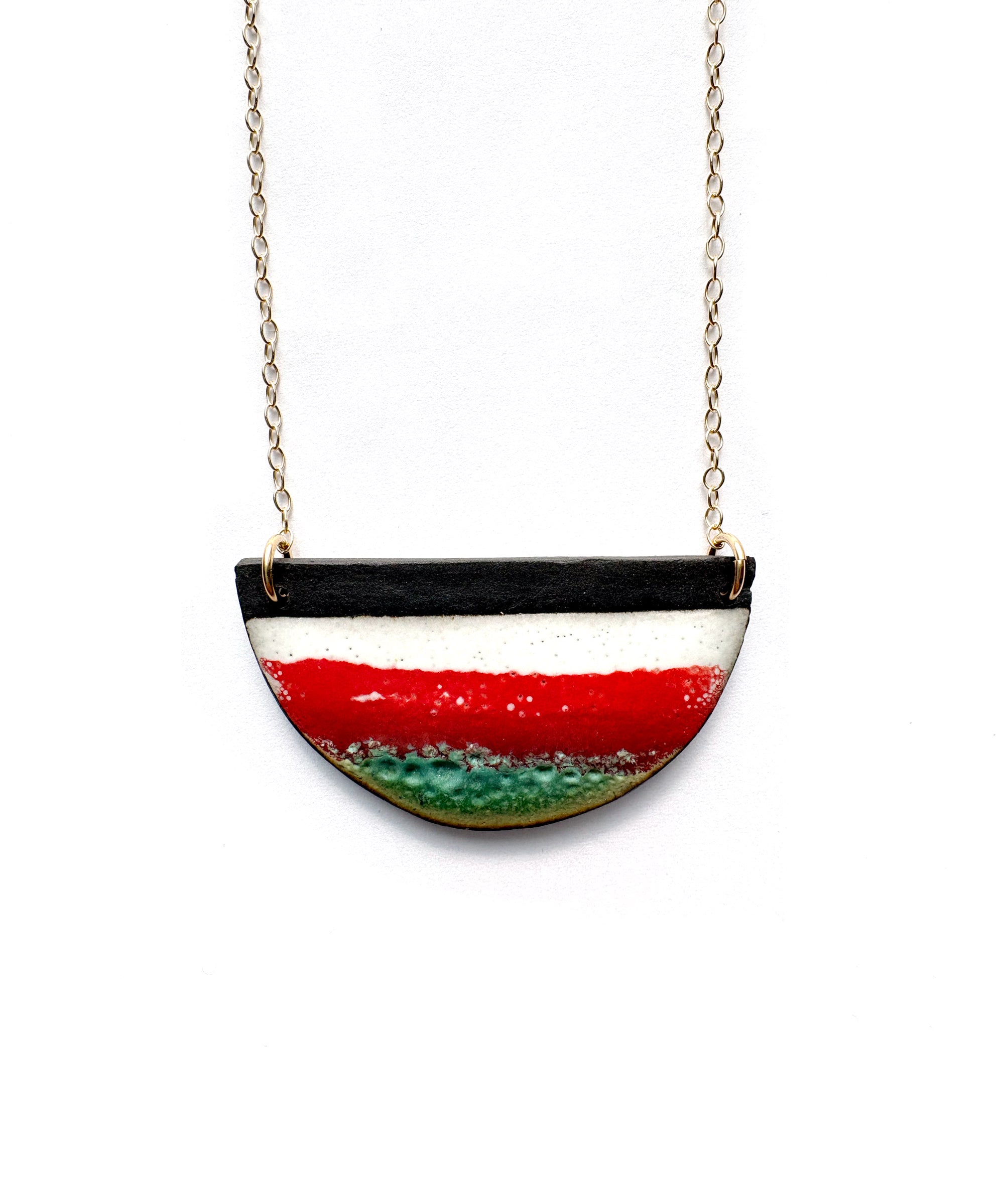 Brevity one-of-a-kind ceramic pendant necklace, half-moon glazed in red, teal and white, on a fine chain