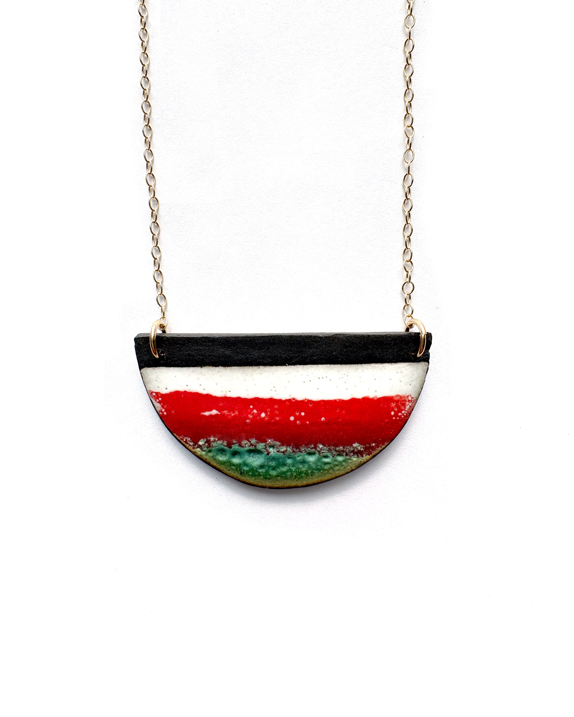Brevity one-of-a-kind ceramic pendant necklace, half-moon glazed in red, teal and white, on a fine chain
