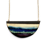 Brevity one-of-a-kind ceramic pendant necklace, half-moon glazed in navy, teal and buttercream, on a fine chain