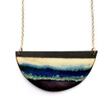 Brevity one-of-a-kind ceramic pendant necklace, half-moon glazed in navy, teal and buttercream, on a fine chain