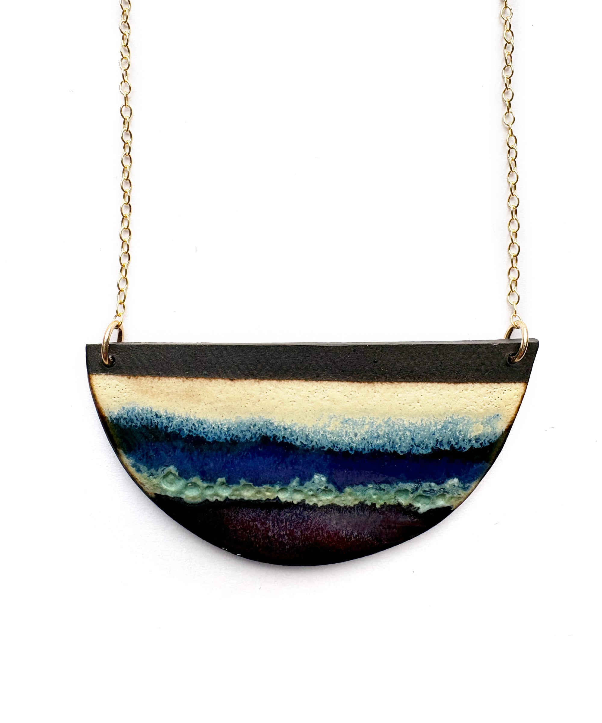 Brevity one-of-a-kind ceramic pendant necklace, half-moon glazed in navy, teal and buttercream, on a fine chain